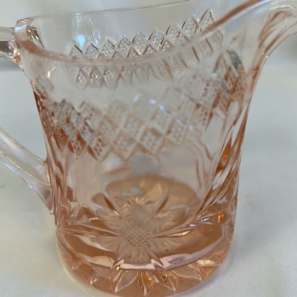 DEPRESSION GLASS PINK FLORAL AND DIAMOND BAND SMALL PITCHER - Picture 10 of 16